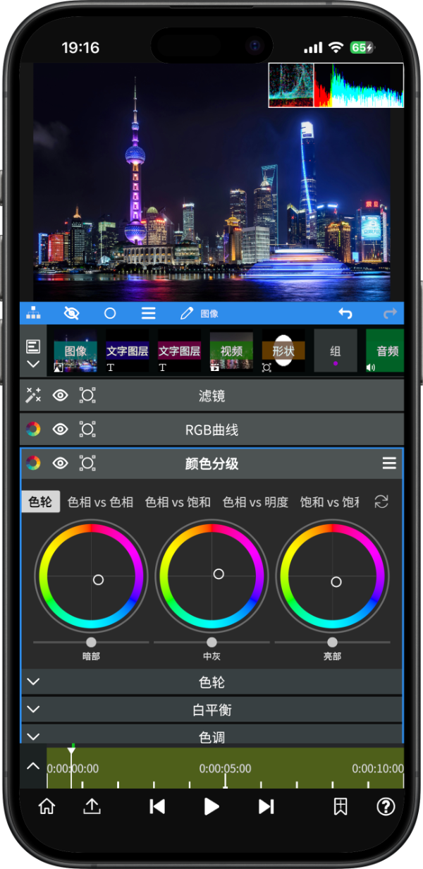 NodeVideo 调色界面截图：色轮、RGB 曲线与颜色分级面板